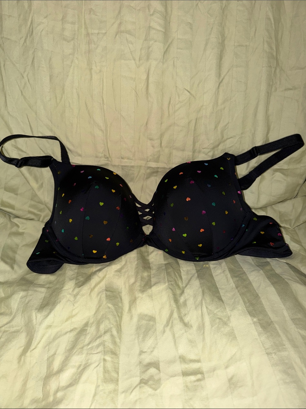 Black Push-Up Bra with Multicolor Heart Print and Crisscross Front